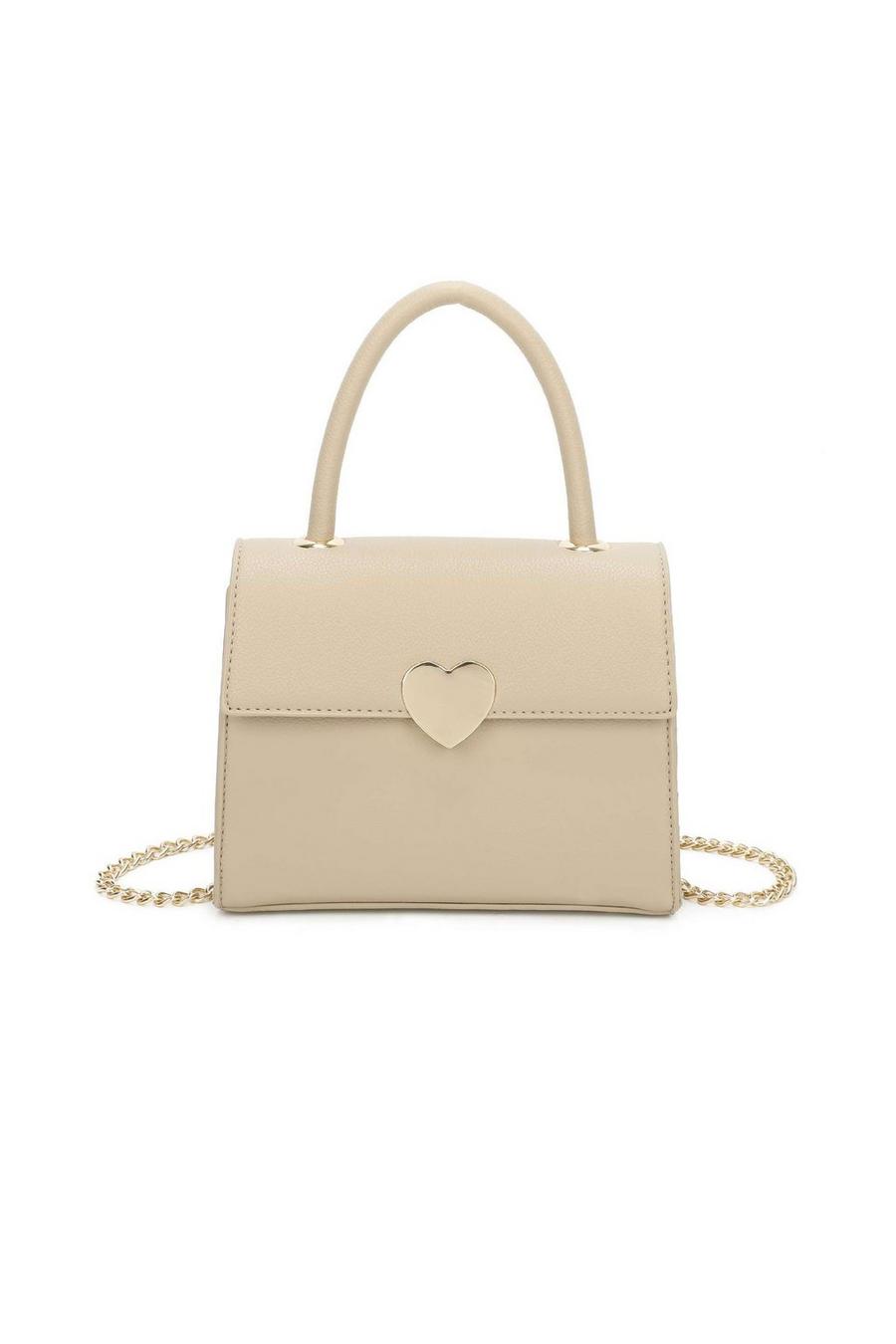 Beige Small Top Handle Shoulder Bag With Heart Snap & Chain strap