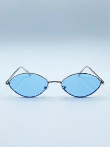 Metal Oval Frame Sunglasses with Blue Lenses Blue