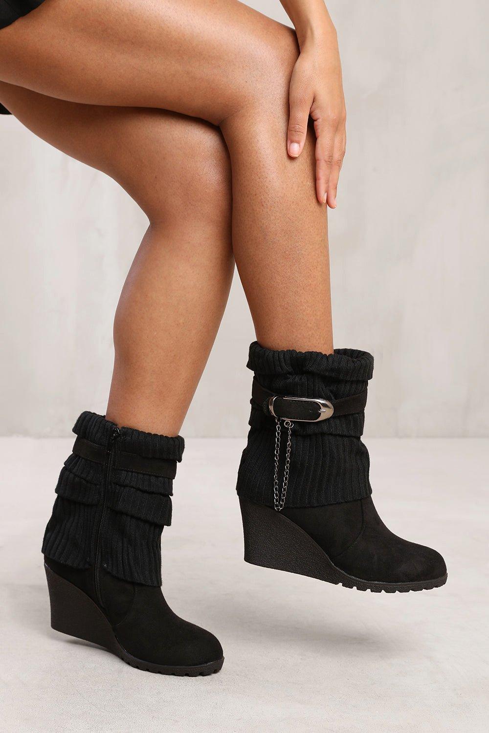 Tilda Wedge Heel Slouchy Ankle Boots With Knitted Collar