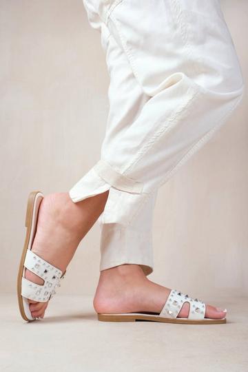 'Commet' Cut Out Strap Flat Sandals With Diamante Detail White