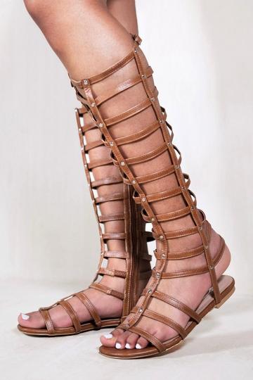 'Leia' Gladiator Knee High Flat Sandals Tan