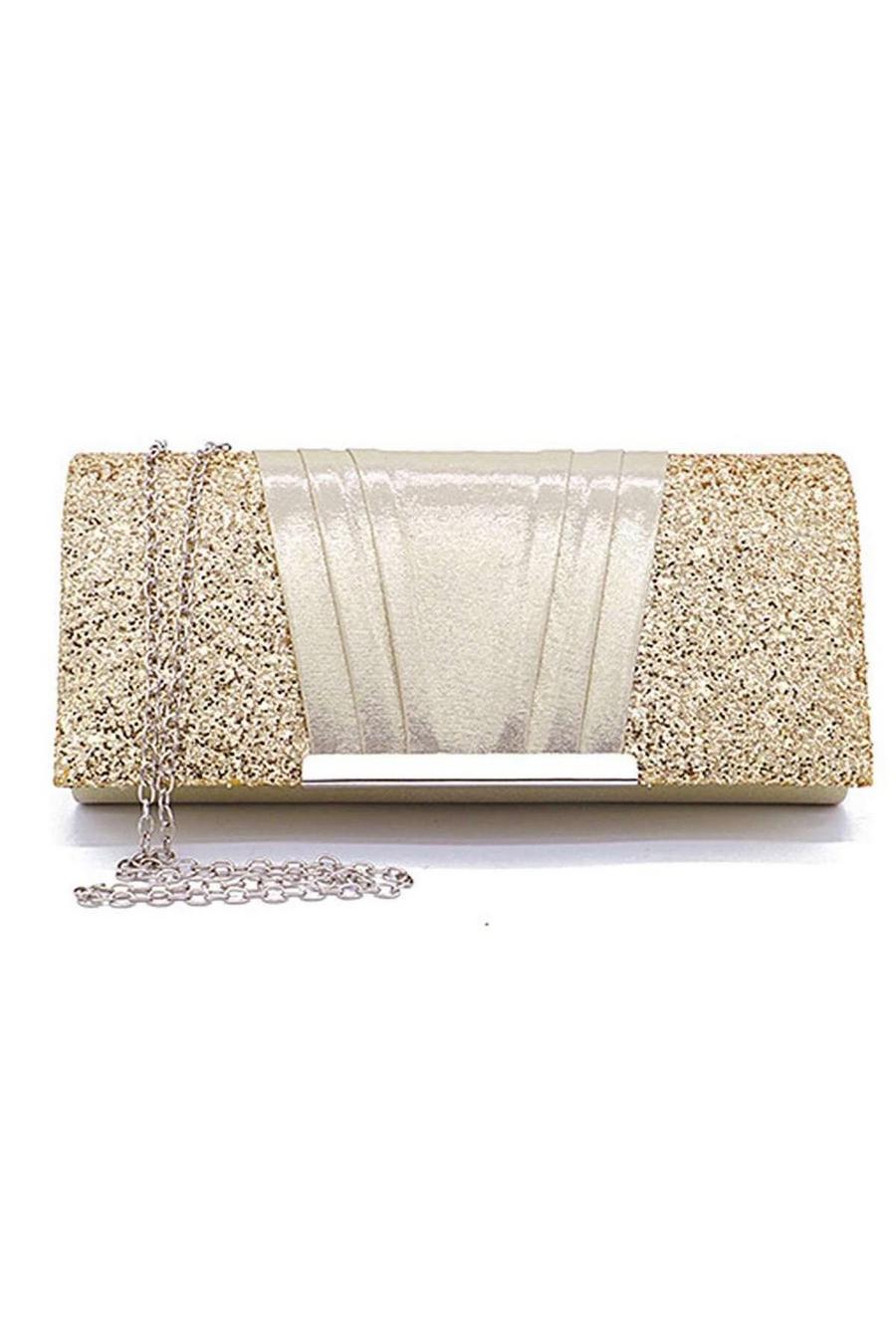 Gold Elegant Glitter Satin Pleated Envelope Clutch  Bag image number 1