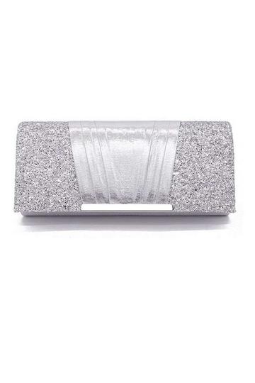 Silver Elegant Glitter Satin Pleated Envelope Clutch Bag