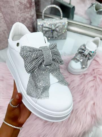 Crystal Sparkly Bow Trainers Limited Edition Silver