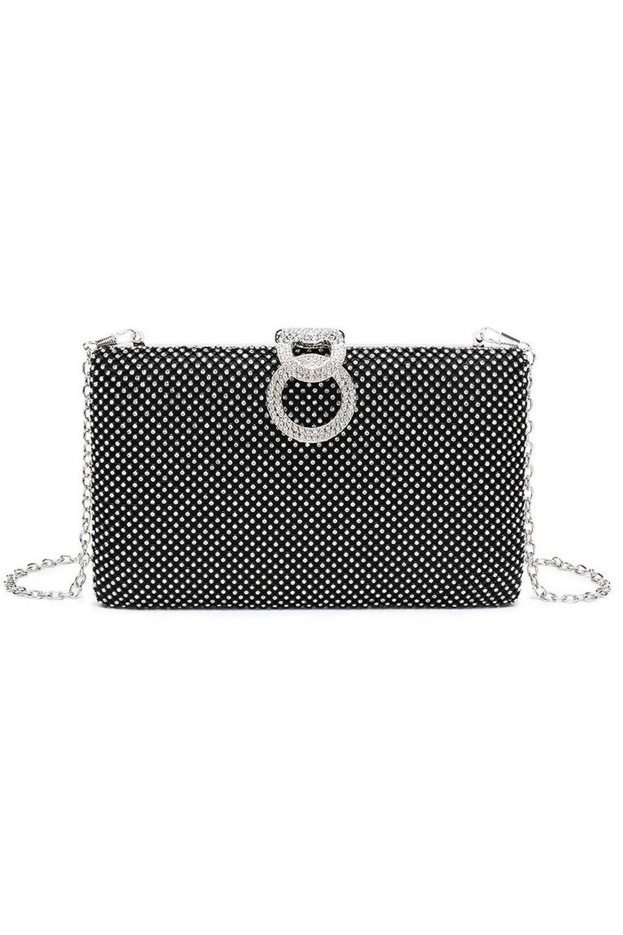 Black Sparkly Double Ring Clasp Rhinestones Evening Clutch Bag