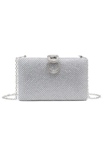 Sparkly Double Ring Clasp Rhinestones Evening Clutch Bag Silver