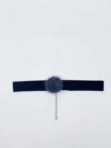 Black Black Faux Velvet Band Choker Necklace With Grey Pom Pom