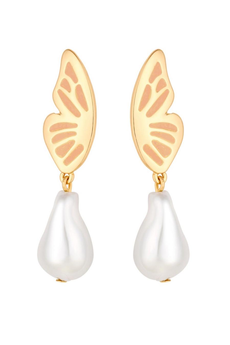 Gold Plated Butterfly Pearl Drop Earrings image number 1
