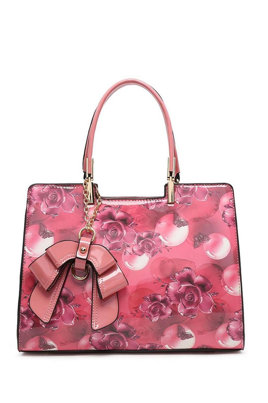 Pink Flor Bow Charm Patent Leather Floral Print Tote Shoulder Bag image number 1
