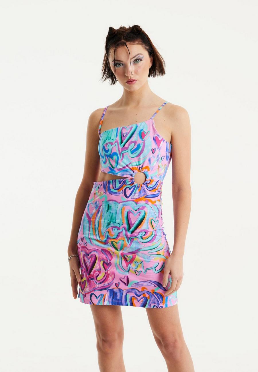 Multi Heart Printed Jersey Mini Dress With Cut Out Details in Pink