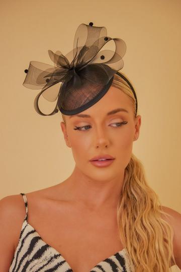 Black Disc Fascinator with Swirls and Pom Poms