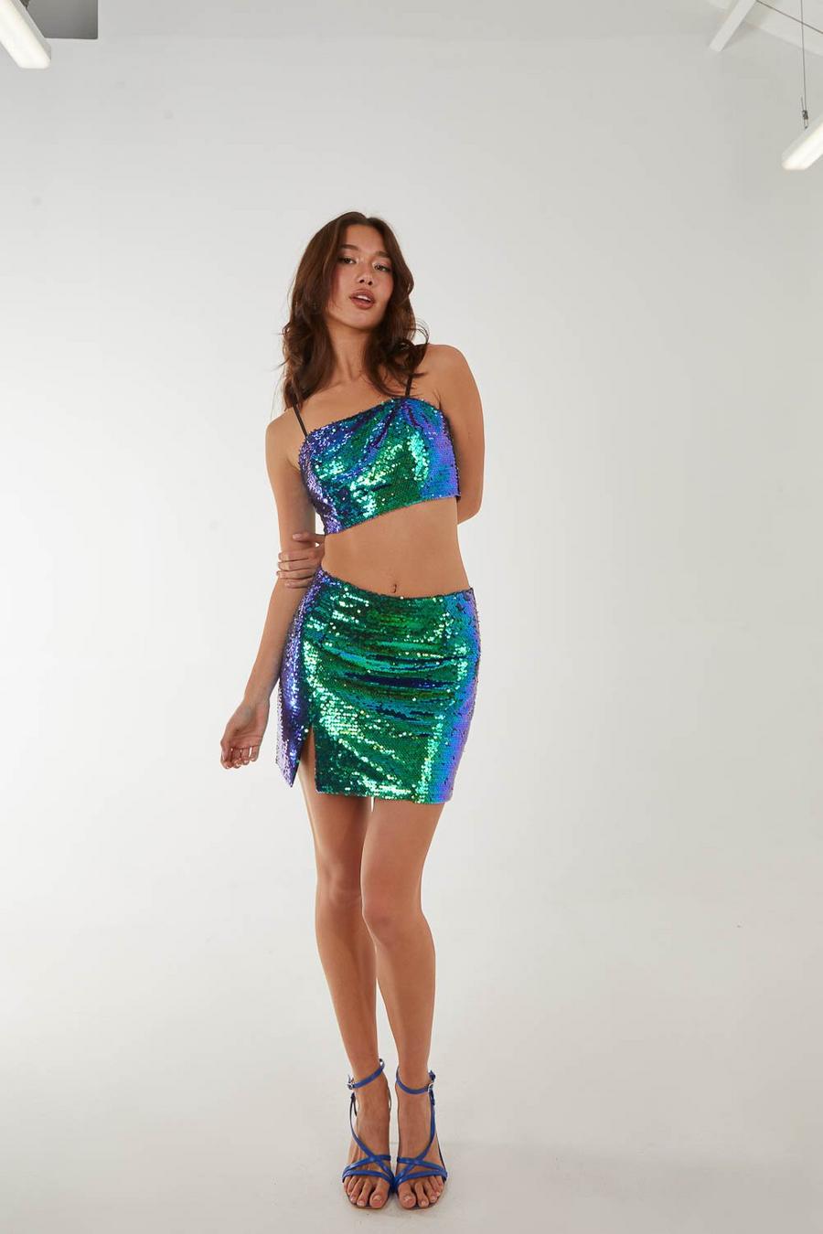 Green Sequin Mini Skirt With Split image number 1