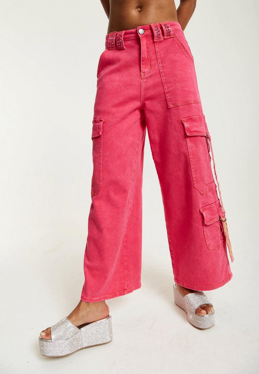 Hot Pink Denim Wide Leg Cargo Trousers image number 1