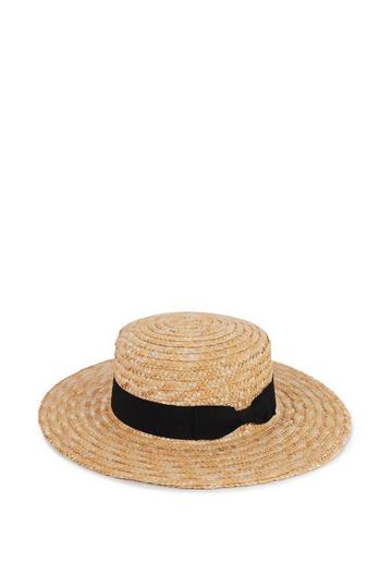 Boater Straw Hat With Grosgrain Bow Trim Natural