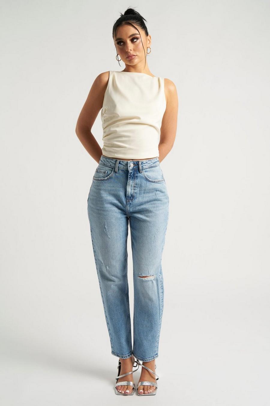 Blue Ripped Mom Jeans image number 1