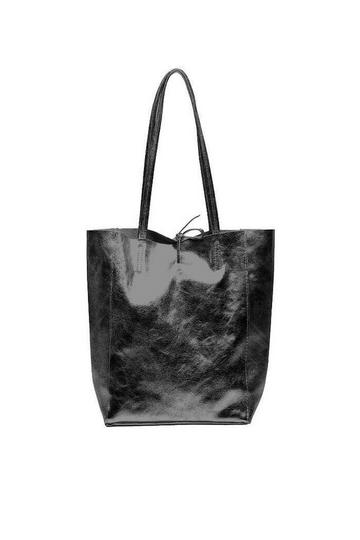 Black Black Metallic Leather Tote Shopper Bag | BIXNN