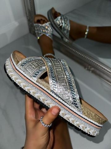 Crystal Shimmer Wedge Sliders Silver