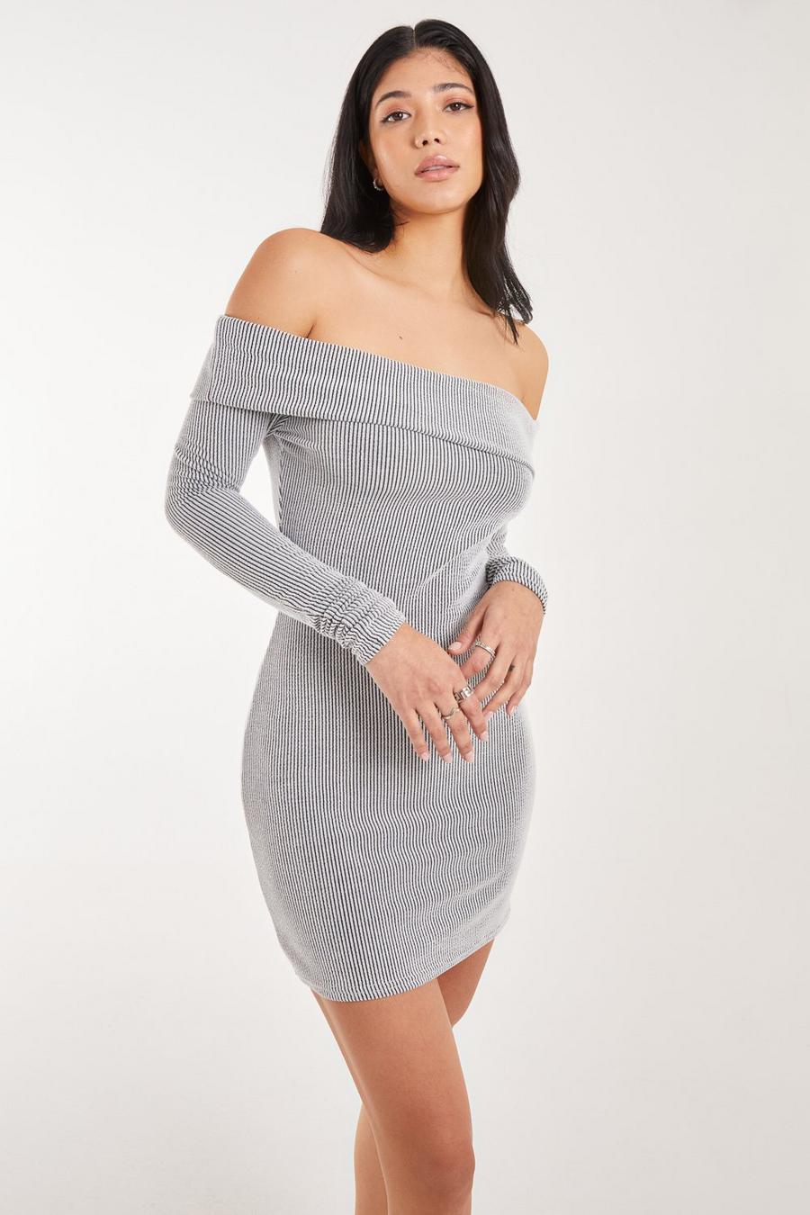Grey Two Tone Rib Bardot Mini Dress