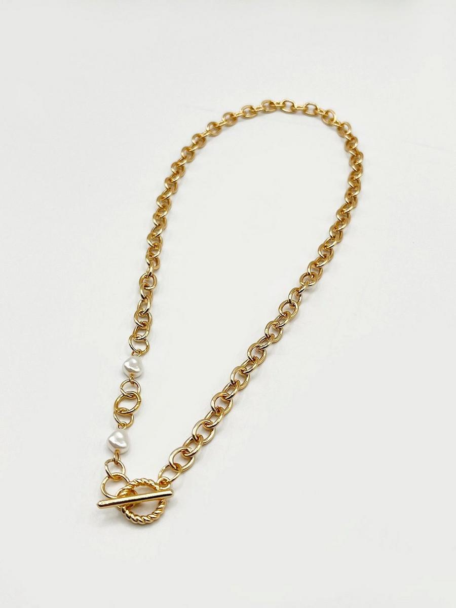 T bar gold necklace with coin and pearl details