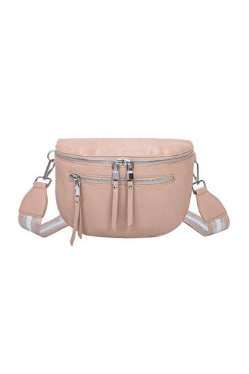 Small Ribon Zip Crossbody Bag With Wide Canvas Strap Beige