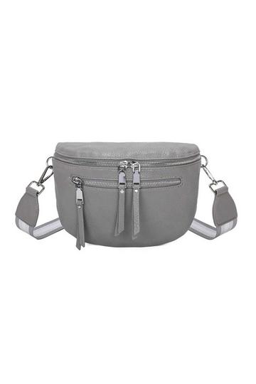 Grey Small Ribon Zip Crossbody Bag With Wide Canvas Strap