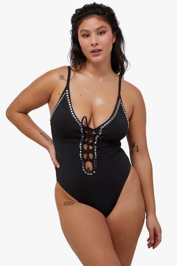 Black Gabrielle Fuller Bust Black Eco Studded Lace-Up Swimsuit