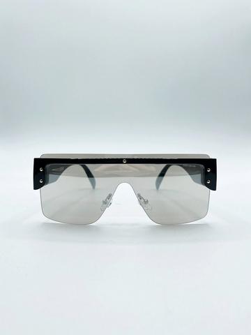 Oversized Flat Top Sunglasses with Mirrored Lens in Black Black