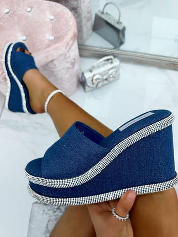 Blue Crystal Slip On Wedge Sandals