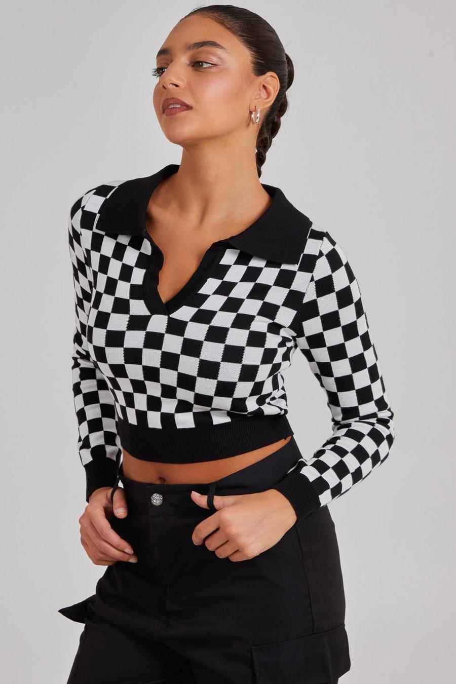 Black Notch Collar Checkered Top