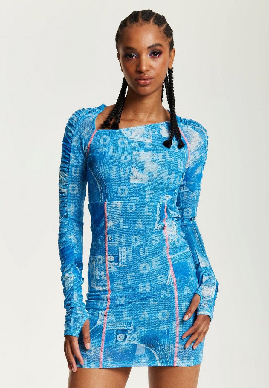 Blue Denim Print Mini Dress