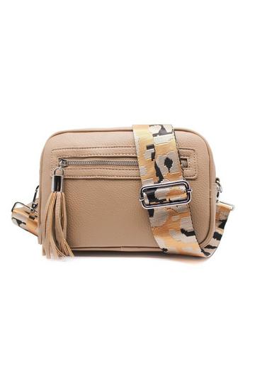 Double Zipper PU Leather Tassel Charm Wide Camo Strap Crossbody Bag Beige