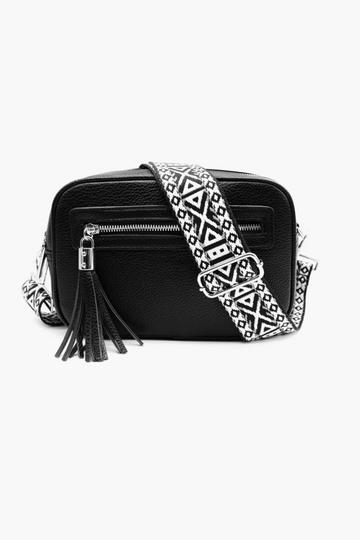 Black Double Zipper PU Leather Tassel Charm Wide Camo Strap Crossbody Bag