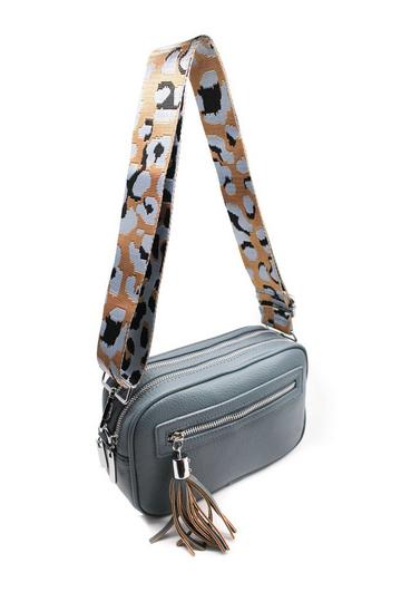 Double Zipper PU Leather Tassel Charm Wide Camo Strap Crossbody Bag Blue