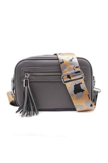 Grey Double Zipper PU Leather Tassel Charm Wide Camo Strap Crossbody Bag