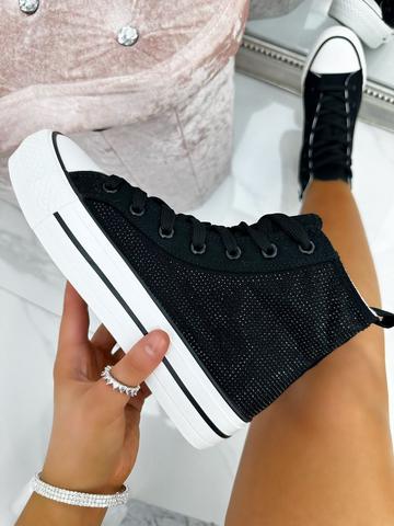 Crystal Sparkle Canvas High Top Trainers Black