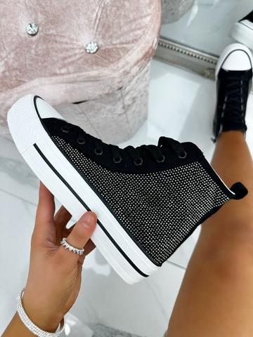 Crystal Sparkle Canvas High Top Trainers Silver