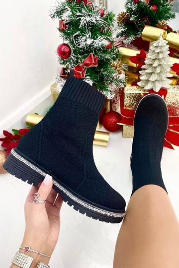 Sparkly Teddy Borg Sock Boots Black