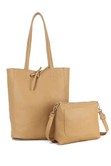 Beige 2in1 Set Large Slouch Tie Closure Tote Bag with Purse Bag