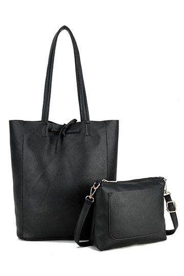 Black 2in1 Set Large Slouch Tie Closure Tote Bag with Purse Bag