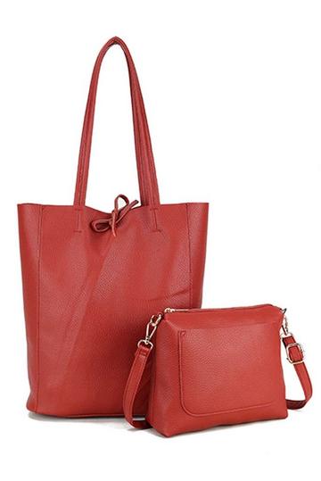 Red 2in1 Set Large Slouch Tie Closure Tote Bag with Purse Bag