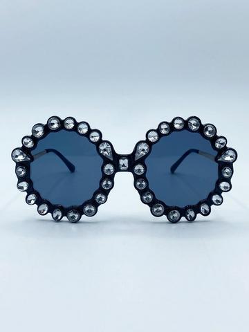 Black Round Floral Gem Novelty Sunglasses in Black