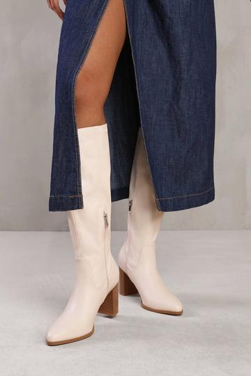 'Alpha' Block Heel Knee High Boots With Stitch Detail Cream