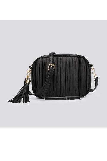 Black Satin Pleated Tassel Charm Camera Handbag Small Crossbody Bag