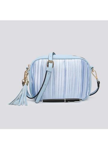 Satin Pleated Tassel Charm Camera Handbag Small Crossbody Bag Blue