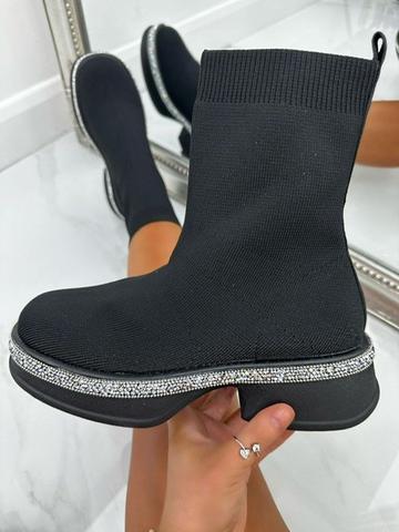 Sparkly Stretch Chunky Sock Wedge Boot Black