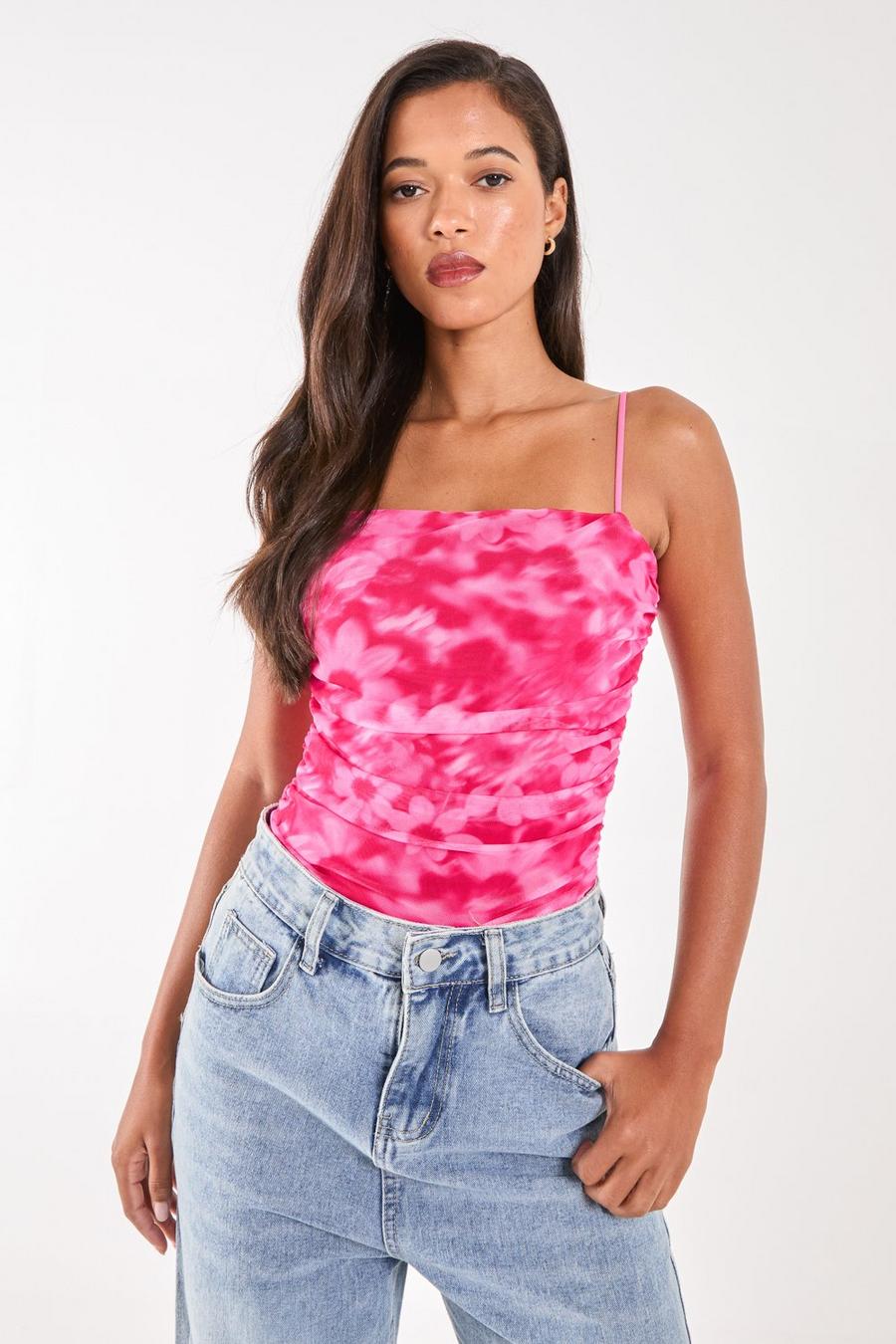 Pink Strappy Printed Floral Bodysuit