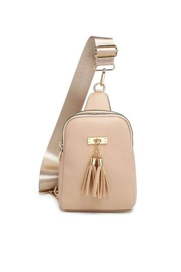 Beige Tassel Accent Multi-Compartments Single Strap Backback/Crossbody Bag