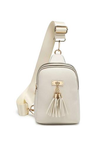 Tassel Accent Multi-Compartments Single Strap Backback/Crossbody Bag Off White