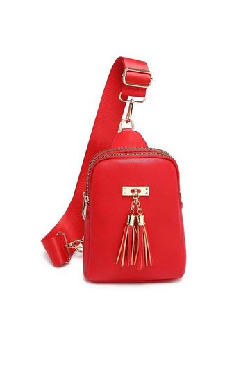 Red Tassel Accent Multi-Compartments Single Strap Backback/Crossbody Bag