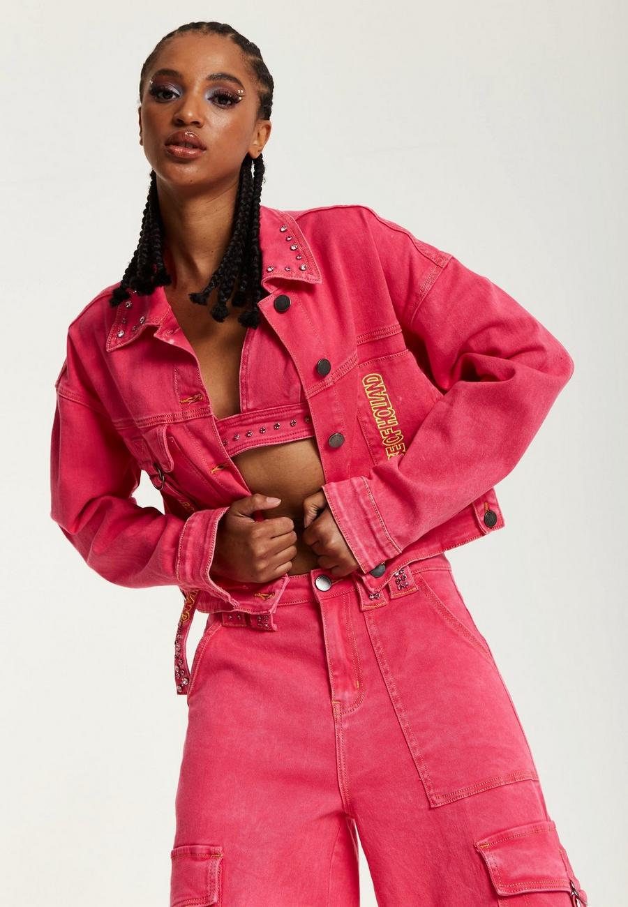 Oversized Hot Pink Denim Jacket With Studs image number 1